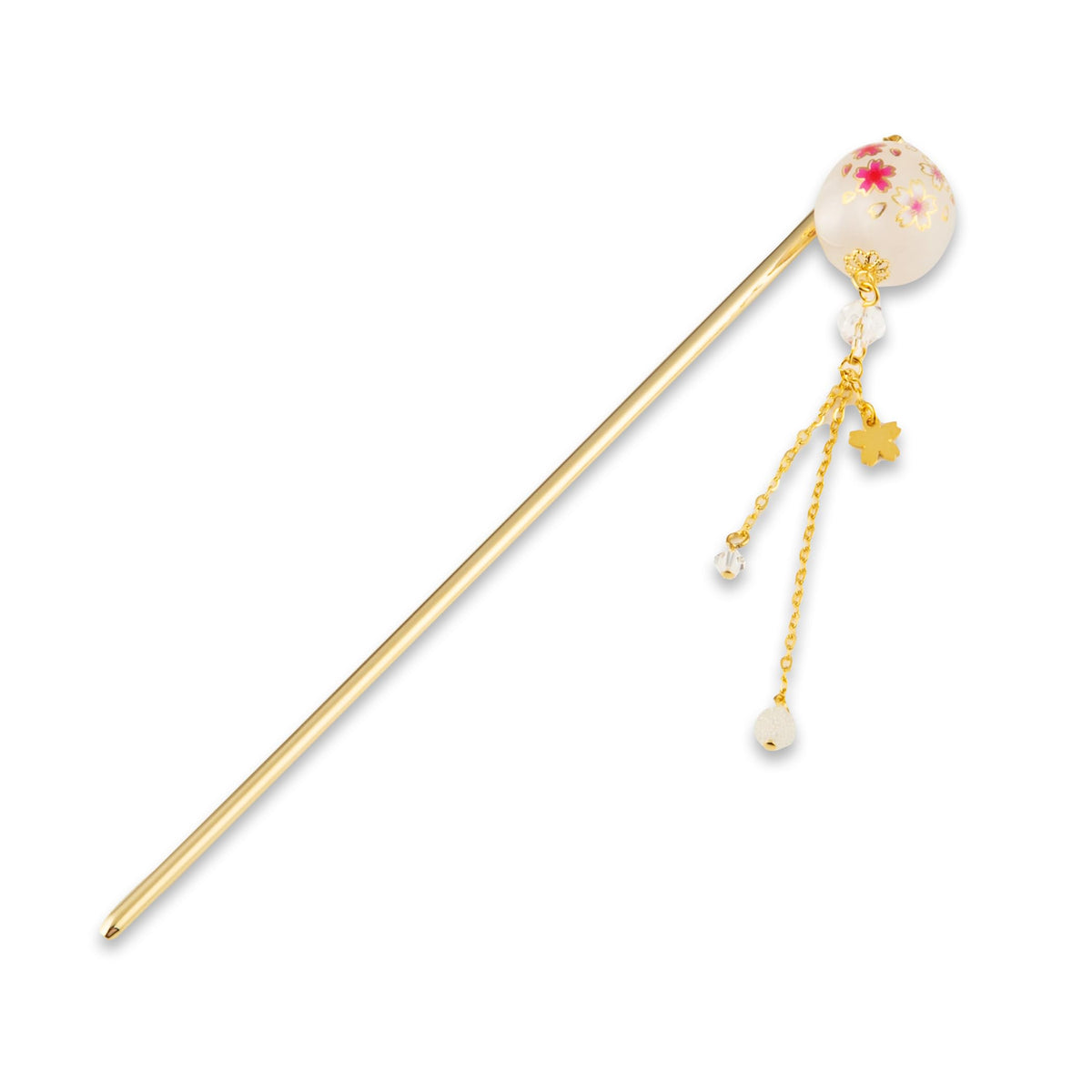 Kanzashi Hair Stick with Tombo-Dama Glass Bead and Swinging Chains, Single Prong Sakura Bead or Two-Prong Clear Bead, Made in Japan