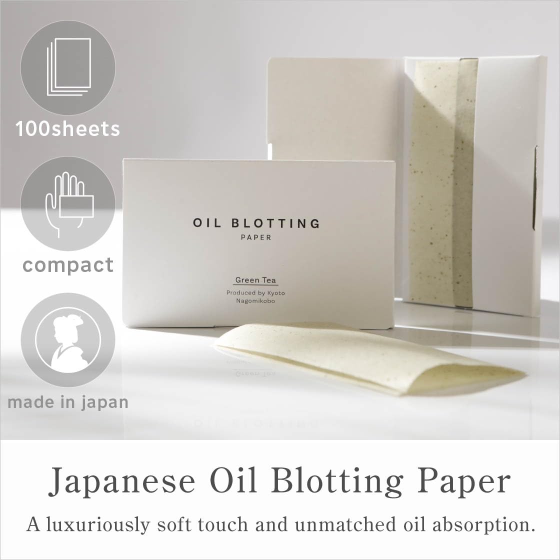 Japanese Oil Blotting Paper, 100 Sheets per Box, Mino Washi, Green Tea or Black Charcoal, Pack of 1 or 2, Made in Japan