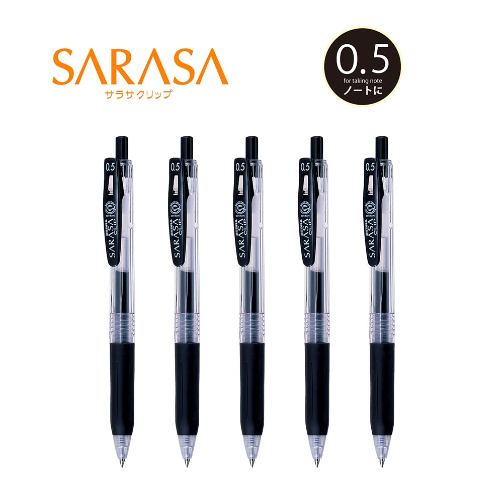 ZEBRA Sarasa Clip Gel Ballpoint Pen 0.5 mm, Retractable with Binder Clip and Rubber Grip, Water-Based Pigment Ink, 141 mm and 10.9 g, Black or Red, Packs of 5, 10 or 50