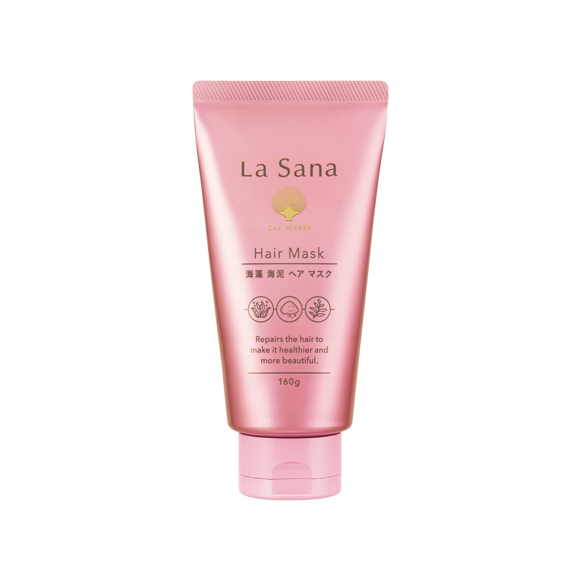 La Sana Seaweed and Sea Mud Hair Mask 160 g, Rinse-Off Intensive Repair Treatment for Damaged Hair with White Clay and Sea Silt, Rosehip Scent, Made in Japan