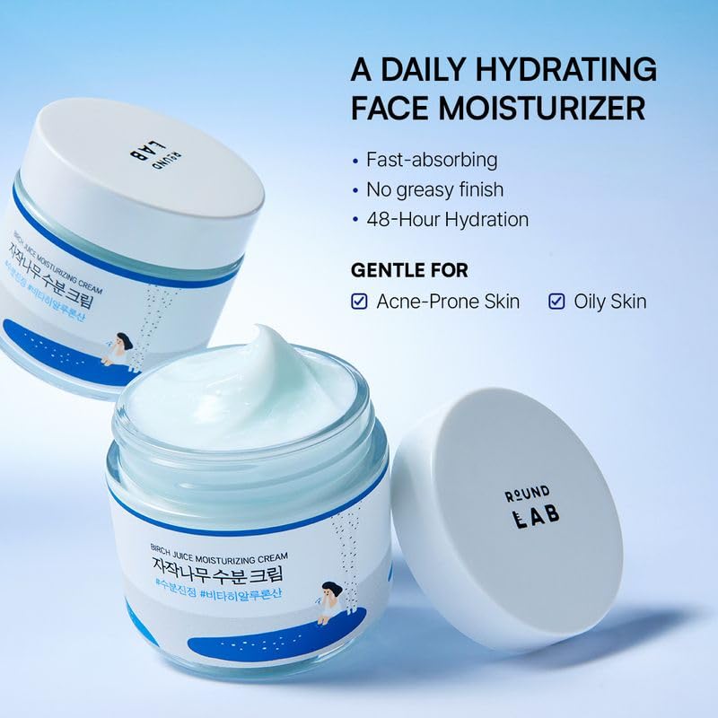 ROUND LAB Birch Juice Moisturizing Cream, Lightweight Water Cream with Birch Sap and Hyaluronic Acid for Oily and Acne-Prone Skin, 80 mL