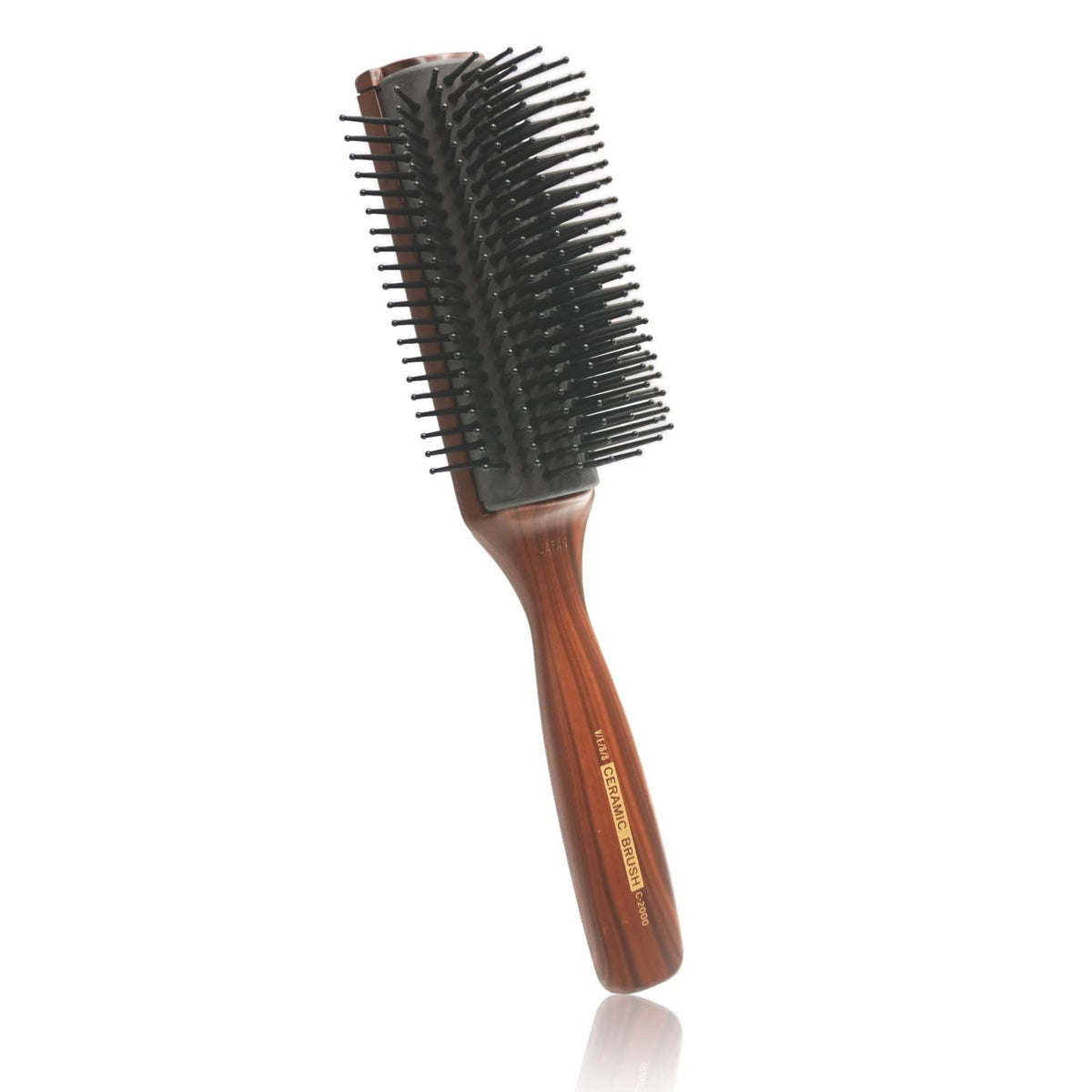 VESS C-2000 Professional Hair Brush, 9-Row Tourmaline Ceramic with Round-Tip Nylon Bristles and Curved Pad, Wood-Grain Brown