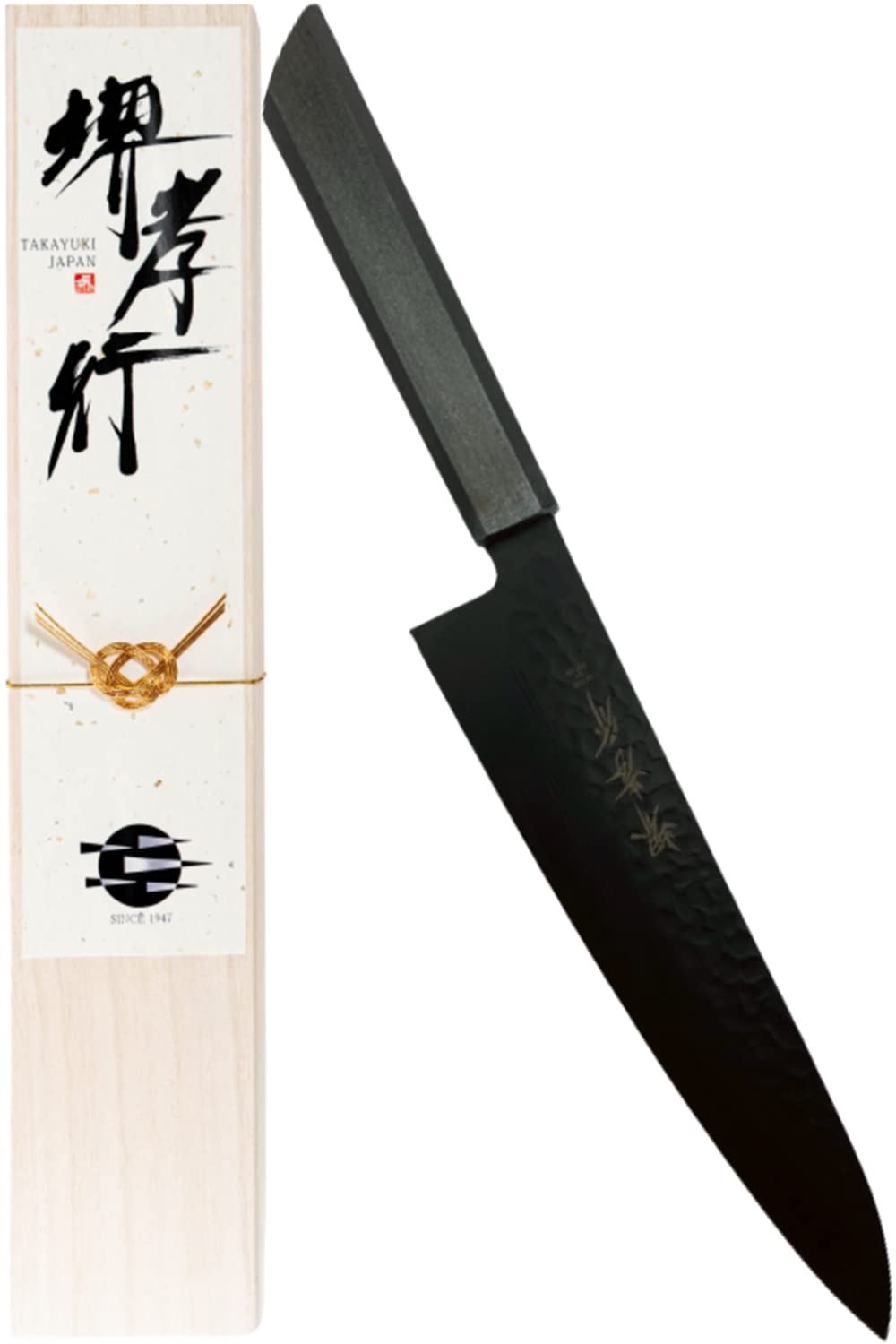 Sakai Takayuki Rokoku Black Urushi-Handle Gyuto Chef's Knife 210 mm, VG10 Damascus Black Fluorine-Coated Blade