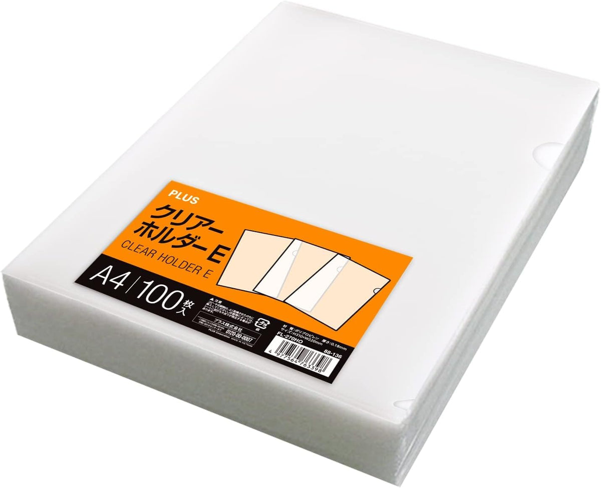 PLUS Clear Holder E A4 Clear Folders, 0.18 mm Thin Polypropylene, 310 x 220 mm, Pack of 100 or 600, FL-270HO