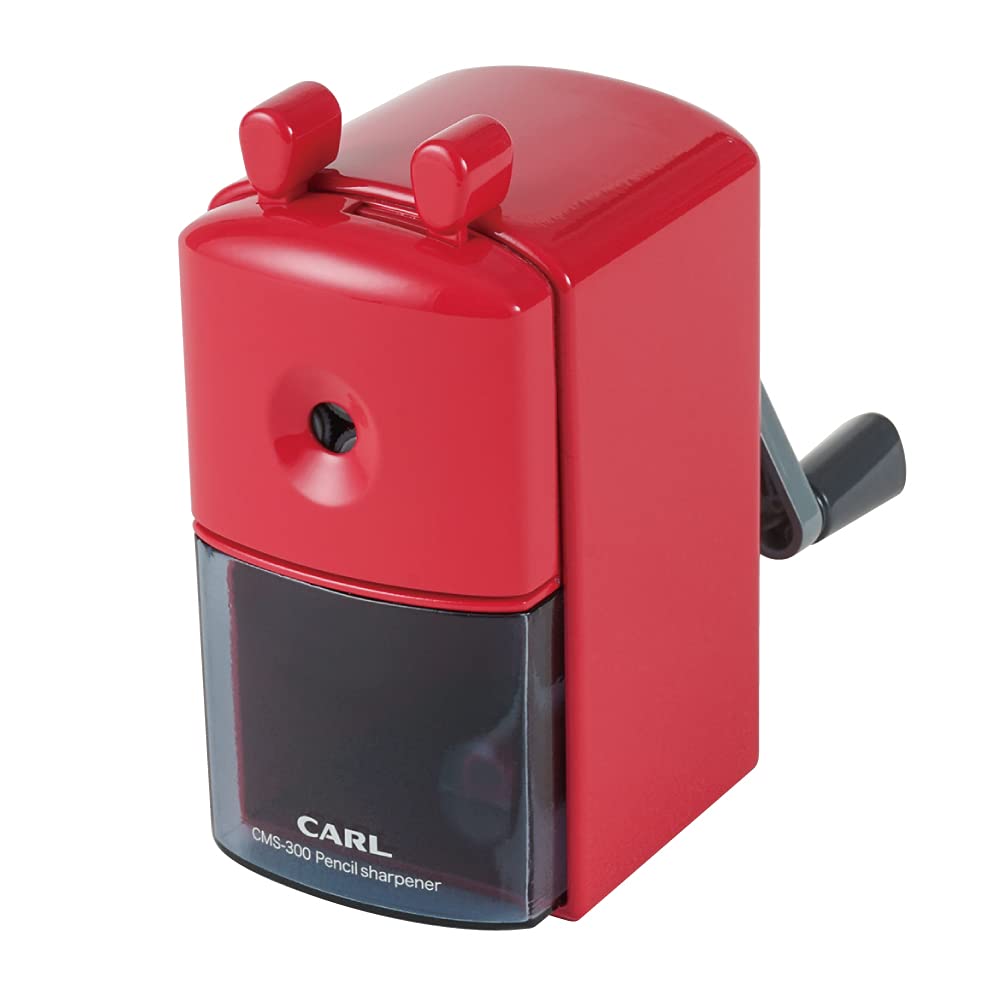 CARL Manual Desk Pencil Sharpener CMS-300 with Broken-Lead Release Button, Hand-Crank Sharpener for 8 mm Pencils, 70 x 137 x 140 mm and 275 g, Blue, Red or White