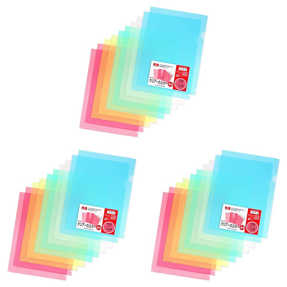 PLUS Clear Holder FL-174HO, A4 L-Shaped Document Folders, 0.2 mm Polypropylene, 310 x 220 mm, Pack of 10 in Clear, Blue, Green, Yellow and Pink, 1 or 3 Packs