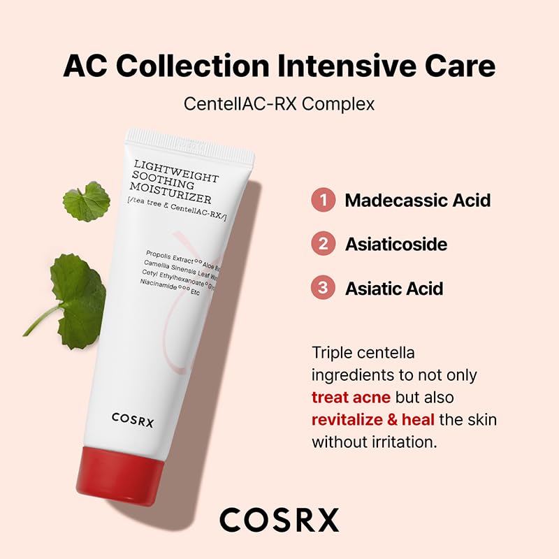 COSRX AC Collection Lightweight Soothing Moisturizer, Tea Tree and CentellAC-Rx Moisturising Gel Cream for Acne-Prone Skin, 80 mL