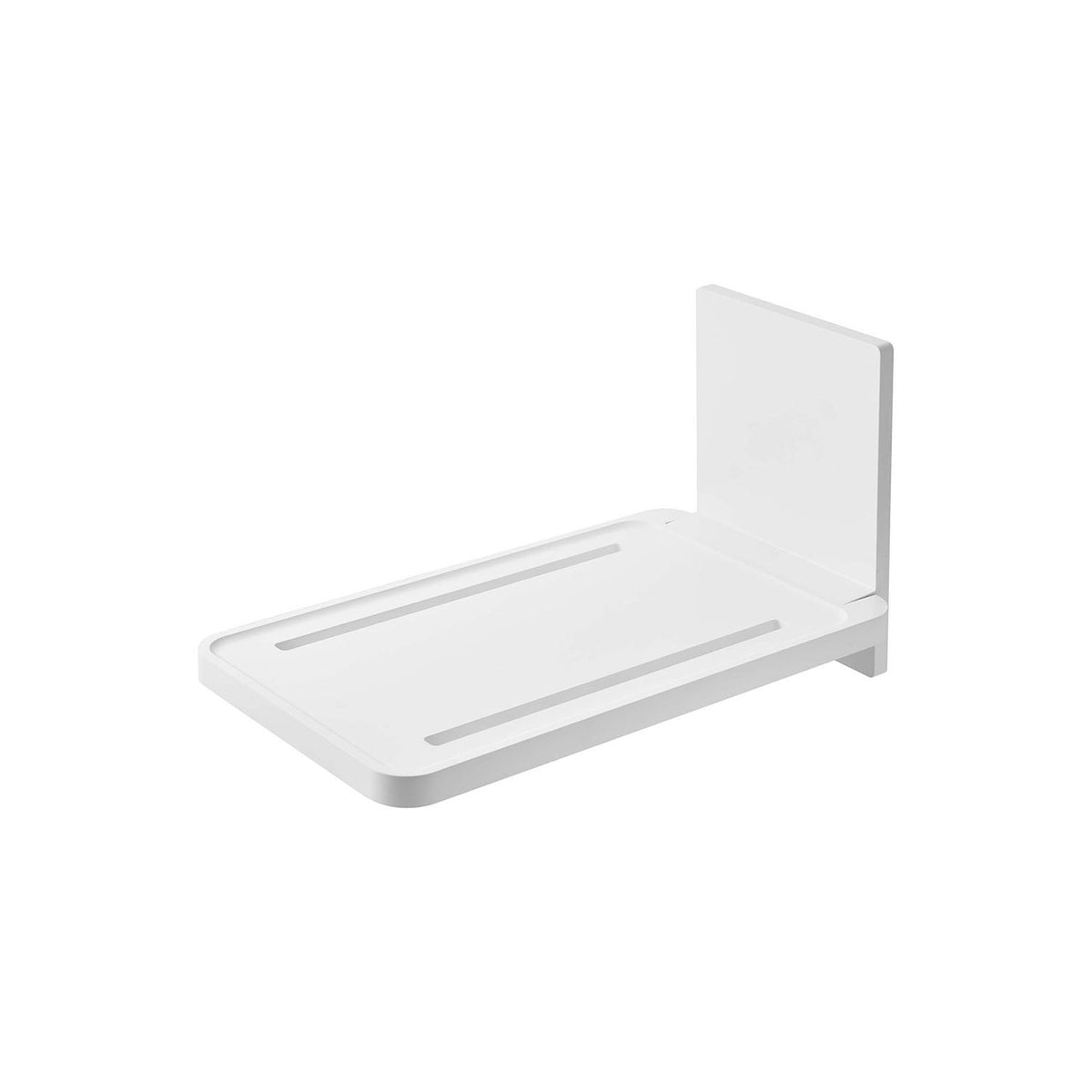 Yamazaki Tower Magnetic Bathroom Folding Shelf, Folding Shelf That Sticks to a Steel Bathroom Wall by Magnet for a Tablet or Portable TV, Drain Holes Let Water Through, 1 kg, 22 x 38.7 x 22 cm open; 22 x 5 x 41 cm folded and 1200 g, White or Black