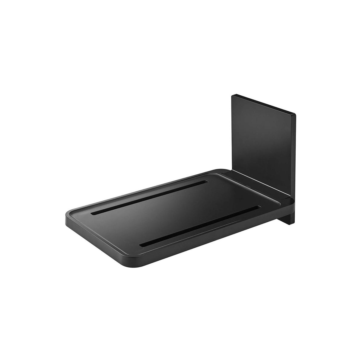 Yamazaki Tower Magnetic Bathroom Folding Shelf, Folding Shelf That Sticks to a Steel Bathroom Wall by Magnet for a Tablet or Portable TV, Drain Holes Let Water Through, 1 kg, 22 x 38.7 x 22 cm open; 22 x 5 x 41 cm folded and 1200 g, White or Black