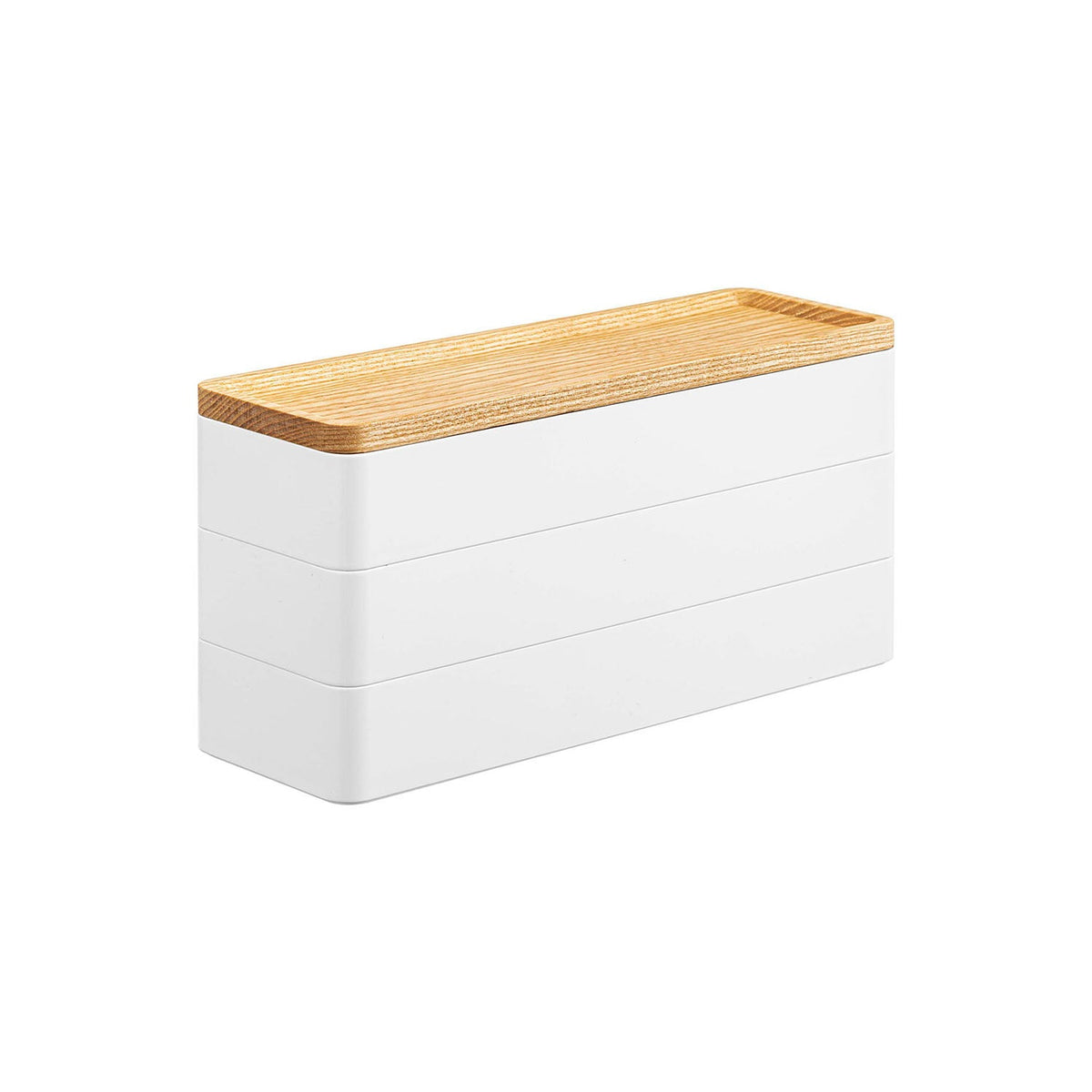 Yamazaki Rin Slim Three-Tier Accessory Case with Wood Tray Lid, Three Slim Stackable Accessory Cases with Dividers and a Wooden Tray Lid for Narrow Gaps, 24 x 8 x 11.5 cm and 475 g, Brown or Natural