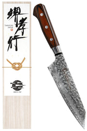 Sakai Takayuki 33-Layer Hammered Damascus Kengata Santoku Knife 160 mm, Mahogany Handle, Paulownia Gift Box
