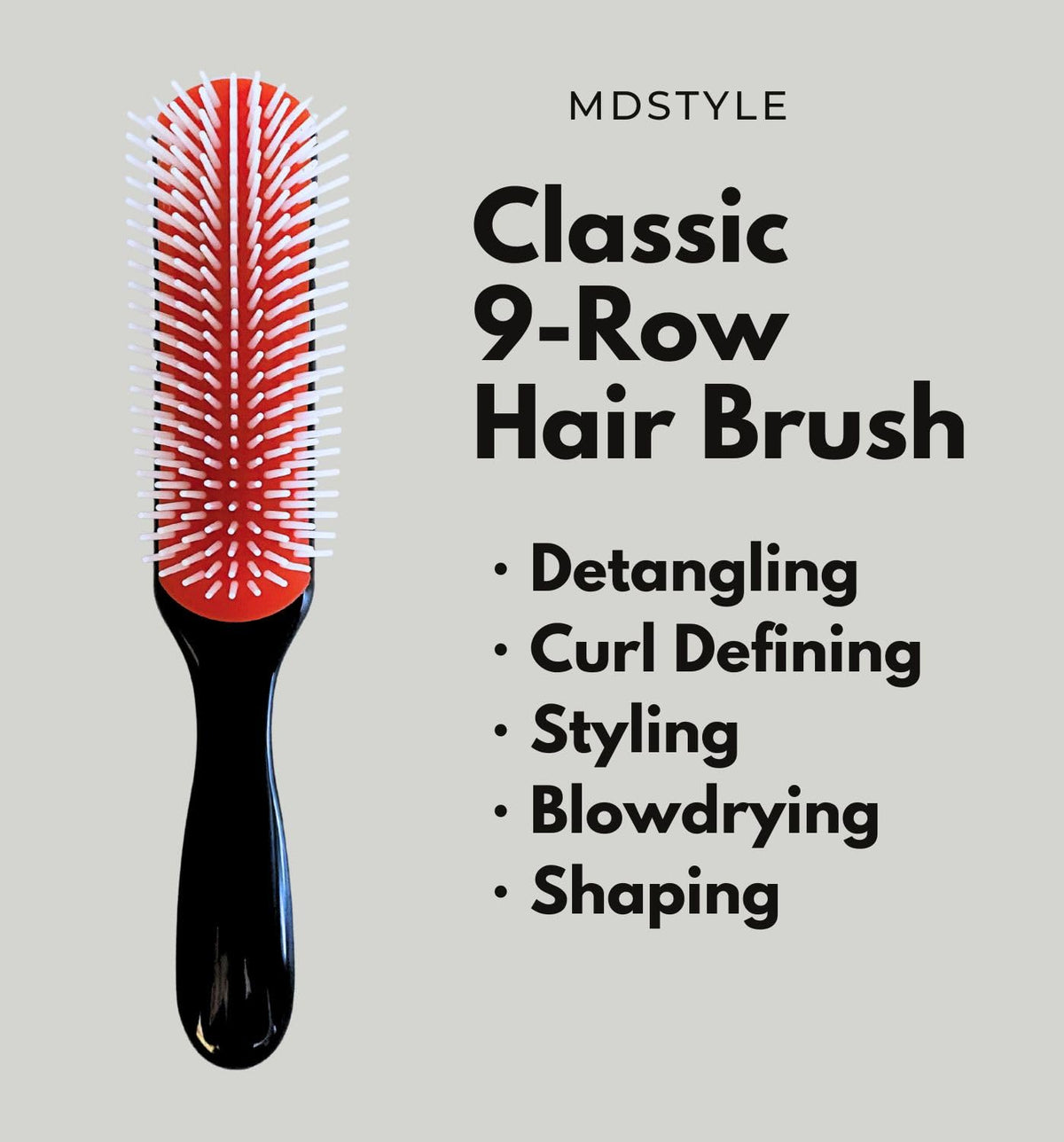 Nine-Row Detangling Hair Brush for Curly, Wavy and Thick Hair, Black Small Size, Pack of 1, Dry or Wet