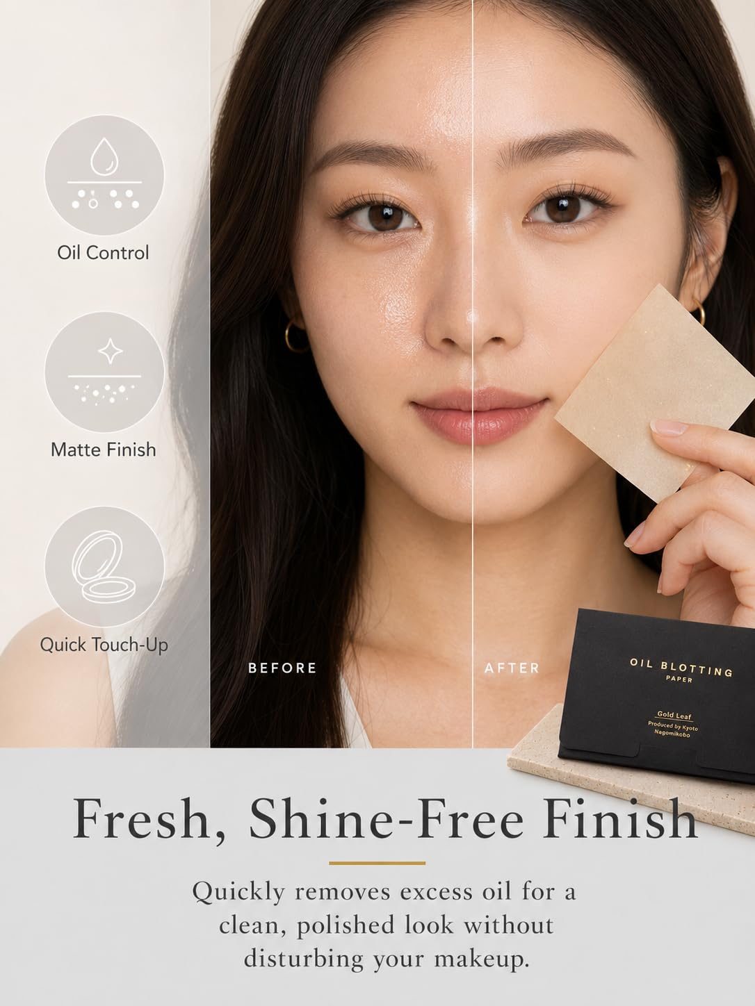 Gold Leaf Style Japanese Oil Blotting Paper, 100 Sheets in a Black and Gold Box, Mino Washi, Made in Japan