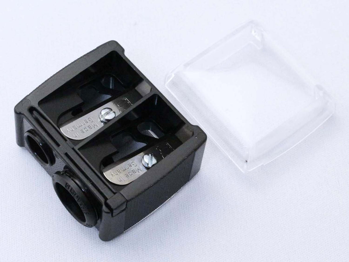 Shishida Seishindo B-500 Two-Hole Cosmetic Pencil Sharpener, Black Compact Sharpener with Clear Cover and Removable Adaptor Ring