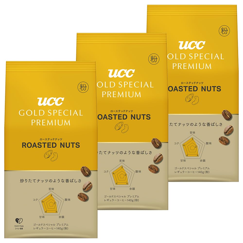 UCC Gold Special Premium Roasted Coffee, Deep Cacao Or Roasted Nuts In Beans Or Ground, Mellow Caramel Ground, 3 Bags Of 140 g