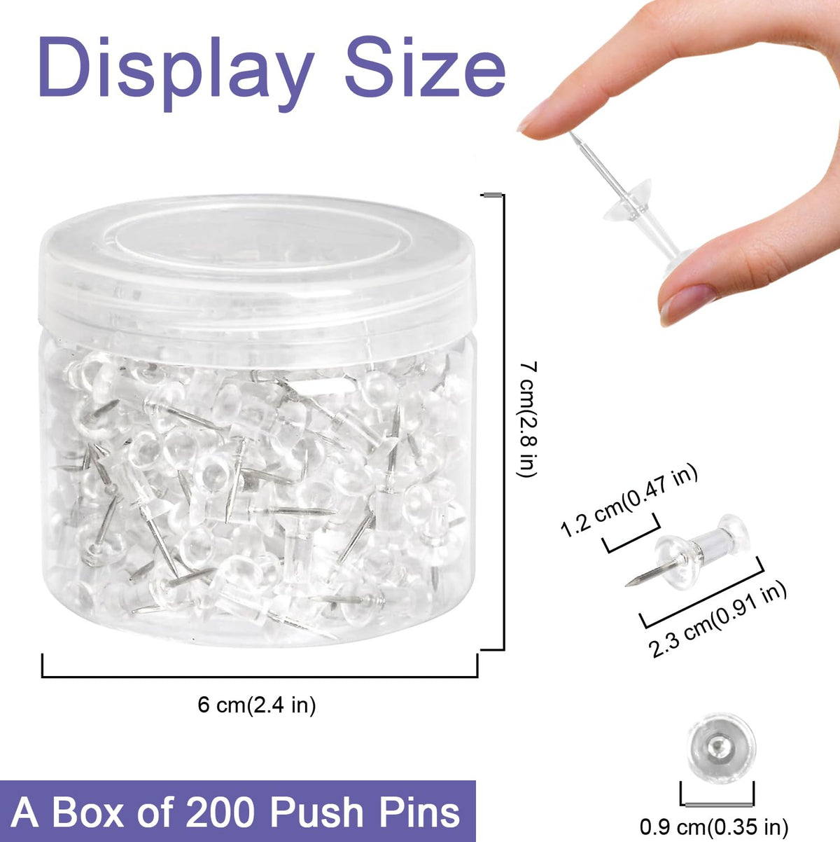 Amazon Basics Clear Push Pins, 200 Pins with Steel Points and 12 mm Plastic Heads in a Clear Tub, for Cork, Foam and Card Boards, 7 x 7 x 6 cm