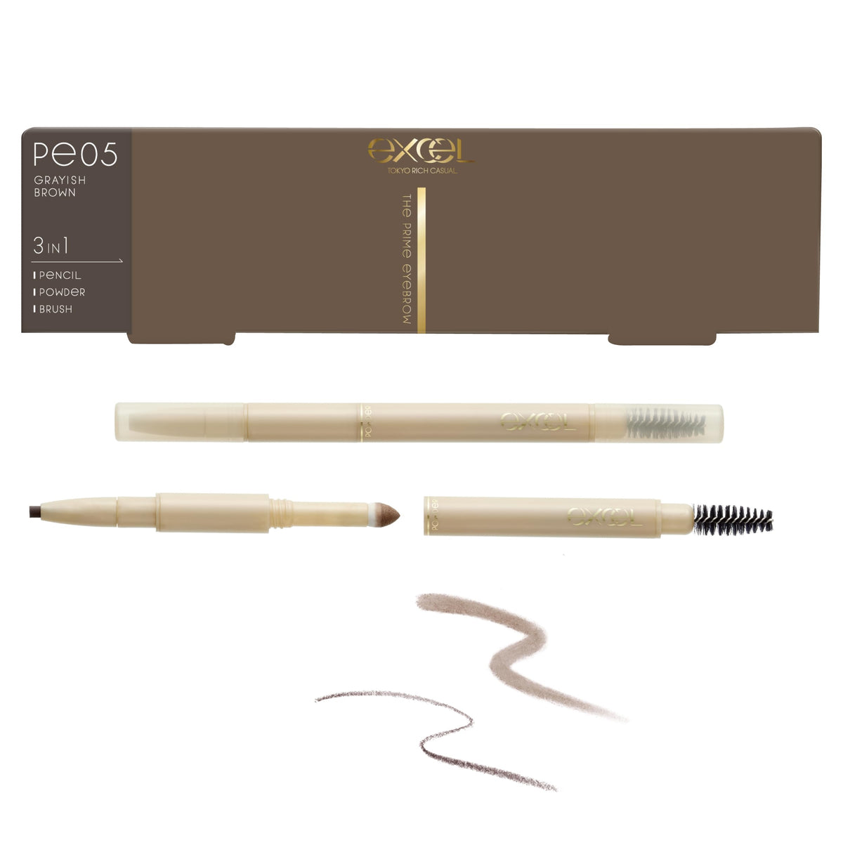 Excel The Prime Eyebrow 3-in-1 Eyebrow Pencil, Powder and Brush in One, Waterproof Formula Oval Lead, 8 Shades, Made in Japan