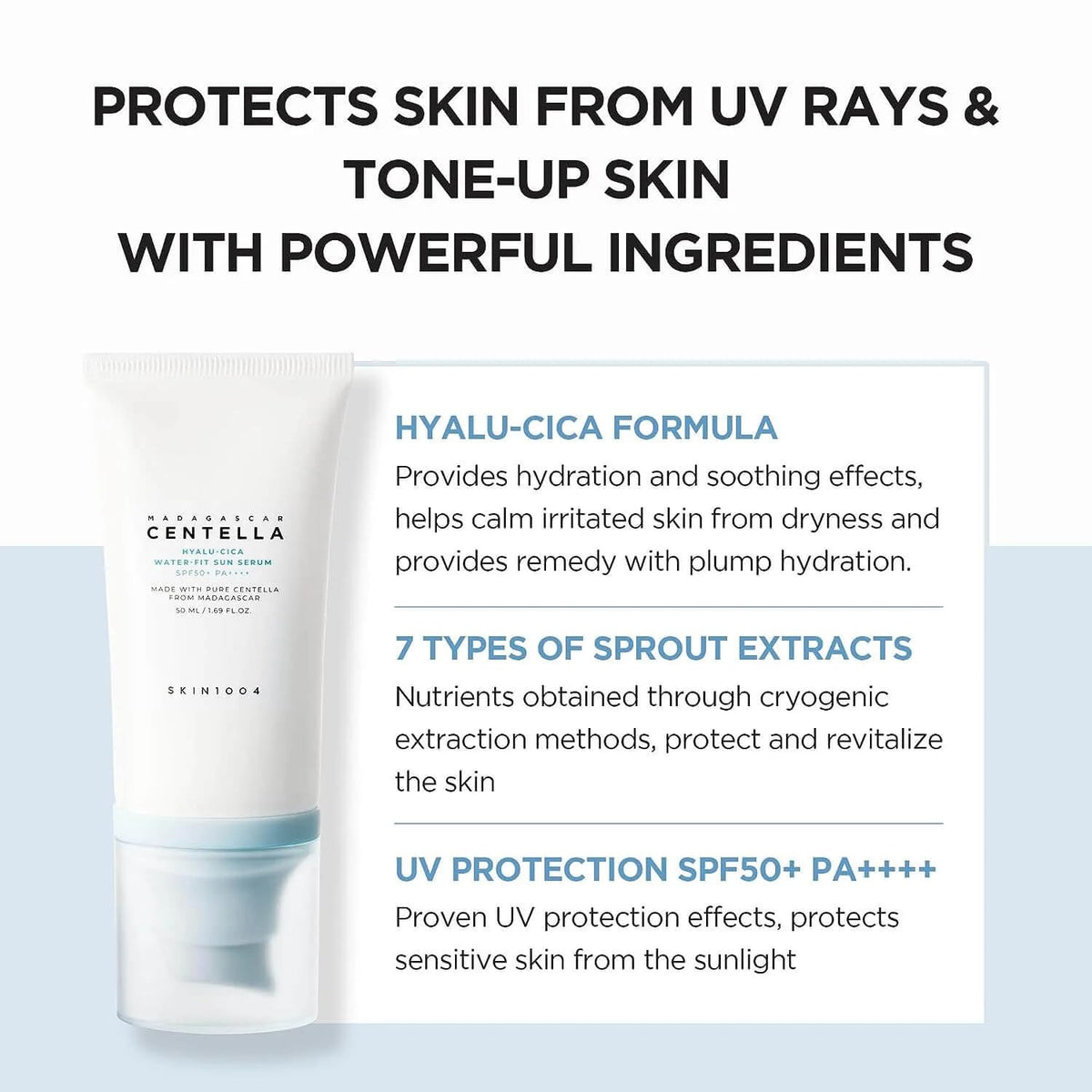 SKIN1004 Madagascar Centella Hyalu-Cica Water-Fit Sun Serum, SPF50+ PA++++ Fragrance-Free Light Sun Serum for Sensitive Skin, 50 mL