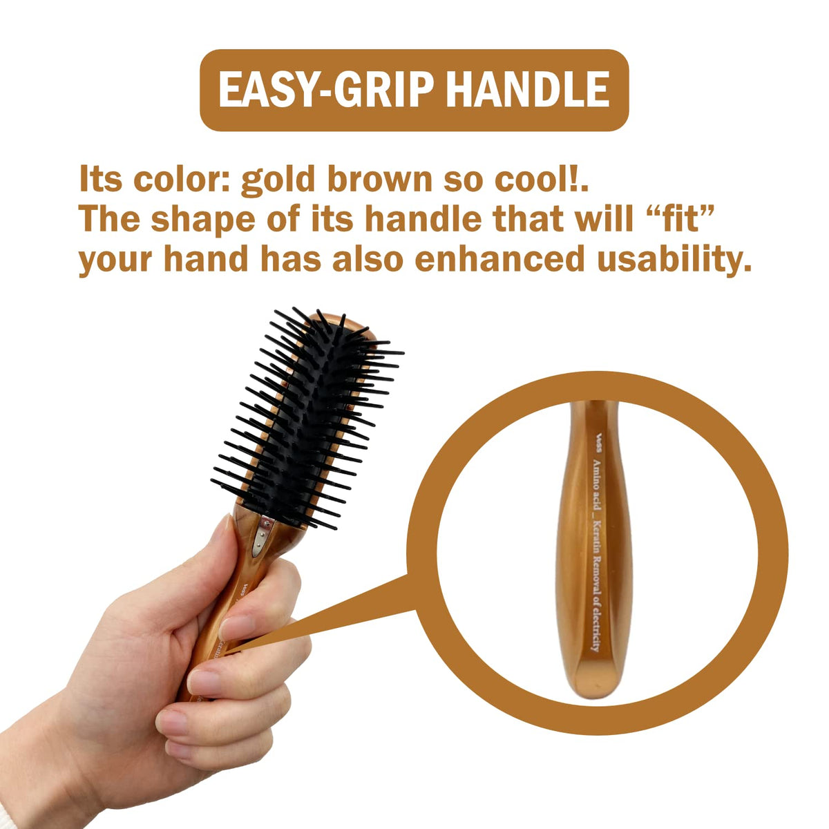 Anti-Static Round Blow-Dry Brush with Stainless-Steel Charged Fibers and a Grounding Wire, Small 17 cm or 2XL 22 cm, Gold-Brown Handle