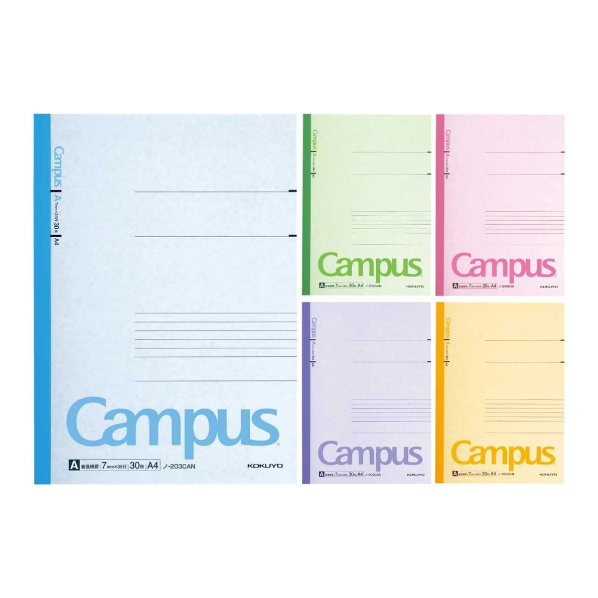 Kokuyo Campus Notebook A4 No. 1, 297 x 210 mm, 30 Sheets Each, 7 mm A-Rule, Dotted A-Rule or B-Rule, Packs of 3 or 5 Books