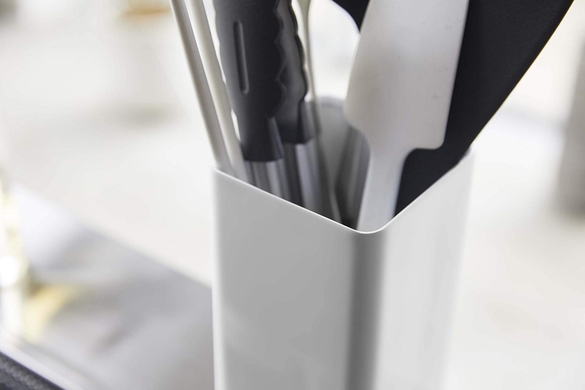 Yamazaki Plate Square Kitchen Tool Stand, Steel Utensil Holder for Narrow Hob Areas, 9.5 x 9.5 x 18 cm and 620 g, White