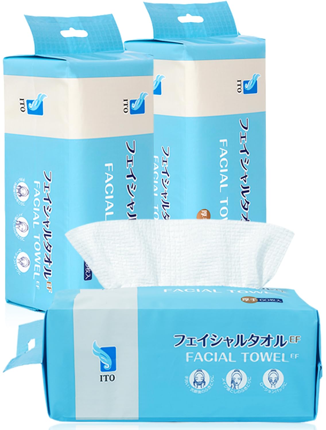 ITO Facial Towel EF Set of 3 Bags, 180 Thick Disposable Face Towels of Pulp and Rayon, 20 x 18.5 cm, OEKO-TEX Certified