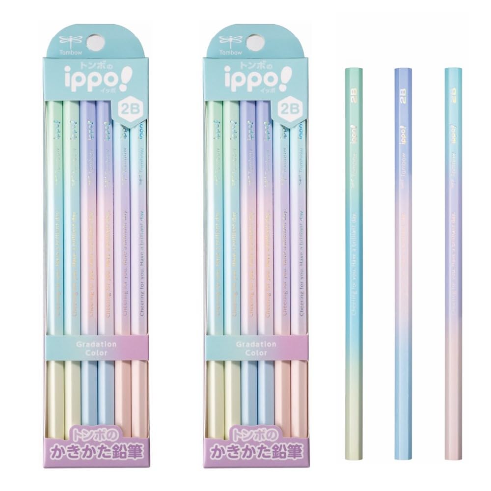 Tombow Ippo Kakikata Learning Pencils 2B, Hexagonal 175 mm Shaft with Name Area, 12 Pencils per Box, Mermaid, Fairy, Gradient, Pastel or Natural Designs, 1 or 2 Dozens