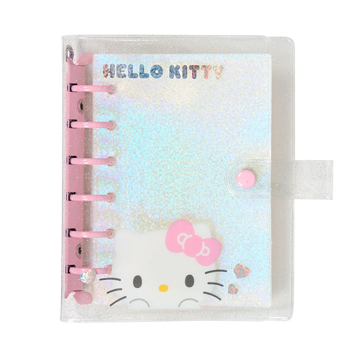 Sanrio Clear Sticker Binder, Six-Ring Snap-Button Binder with Holographic Glitter Refill Pockets for Stickers up to 7.3 x 12.9 cm, About 14 x 15 x 2.5 cm, Six Characters