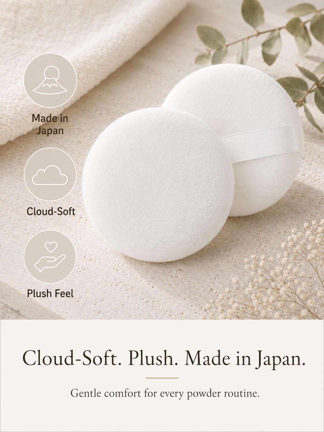 Japuff Powder Puff 2-Pack with Containers, Ultra-Soft Nylon and Polyester Body and Baby Powder Puffs, 10.5 cm, Made in Japan