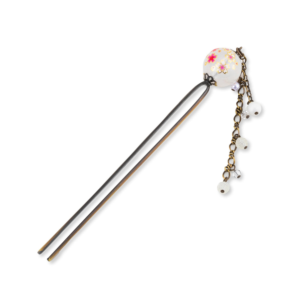 Kanzashi Hair Stick with Tombo-Dama Glass Bead and Swinging Chains, Single Prong Sakura Bead or Two-Prong Clear Bead, Made in Japan