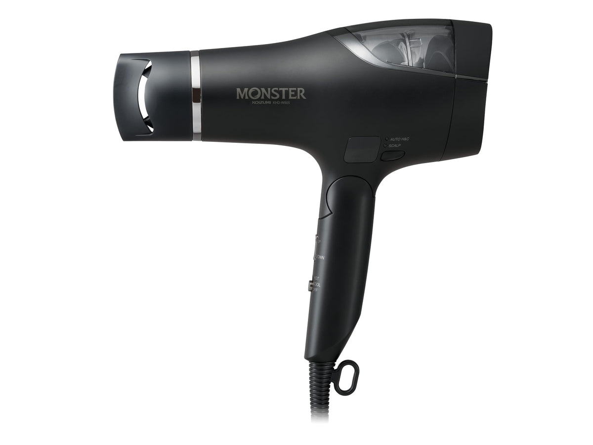 Koizumi Monster Hair Dryer KHD-W905/BK, Double Fan 1300 W Dryer with 2.2 m3 per Minute Airflow, Automatic Hot and Cold Switching, Scalp Mode and Digital Display, Black