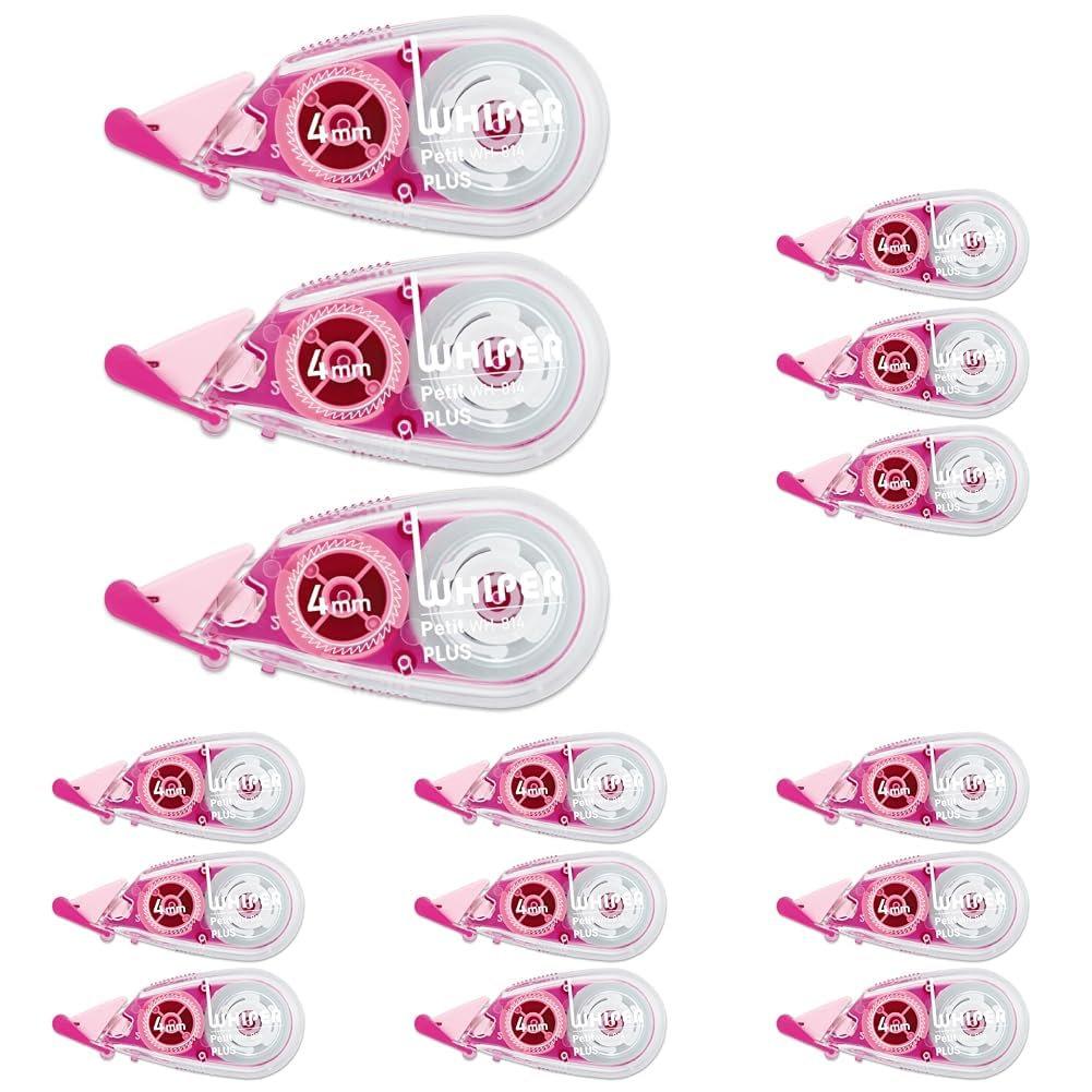 PLUS Whiper Petit Correction Tape 4, 5 or 6 mm x 6 m, Disposable with One-Touch Cap and Press-Fit Head, 58 x 15 x 26 mm Each, Blue, Green or Pink, Packs of 3 to 15