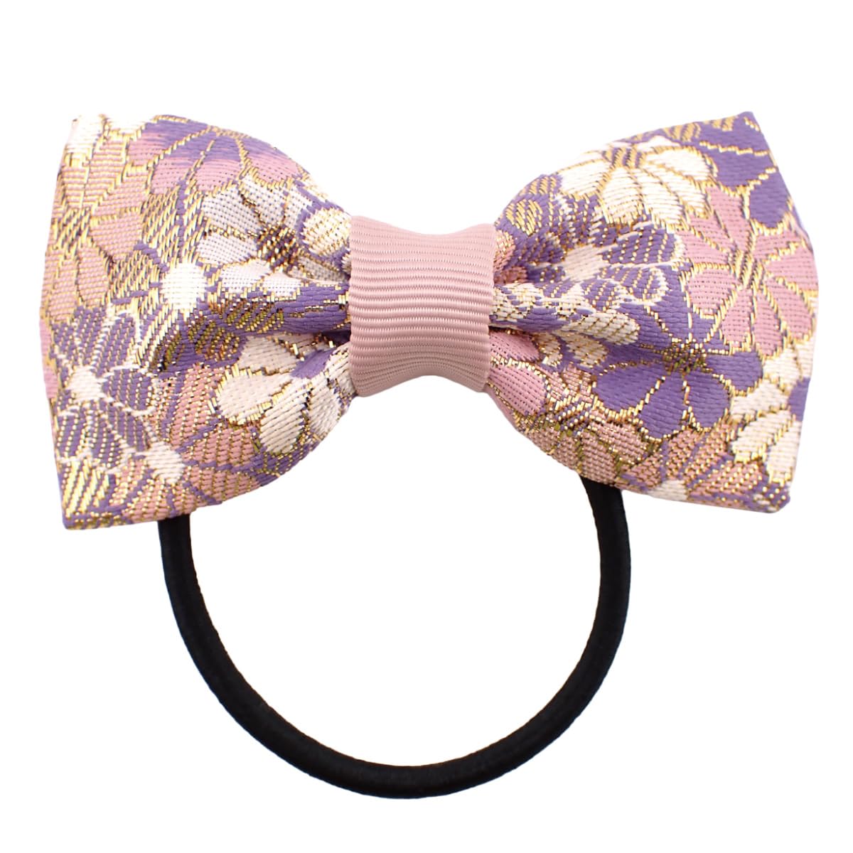 Nishijin-Ori Bow Hair Tie for Women, Made in Japan Kyoto Gold Brocade Floral Two-Tone Elastic Hair Band