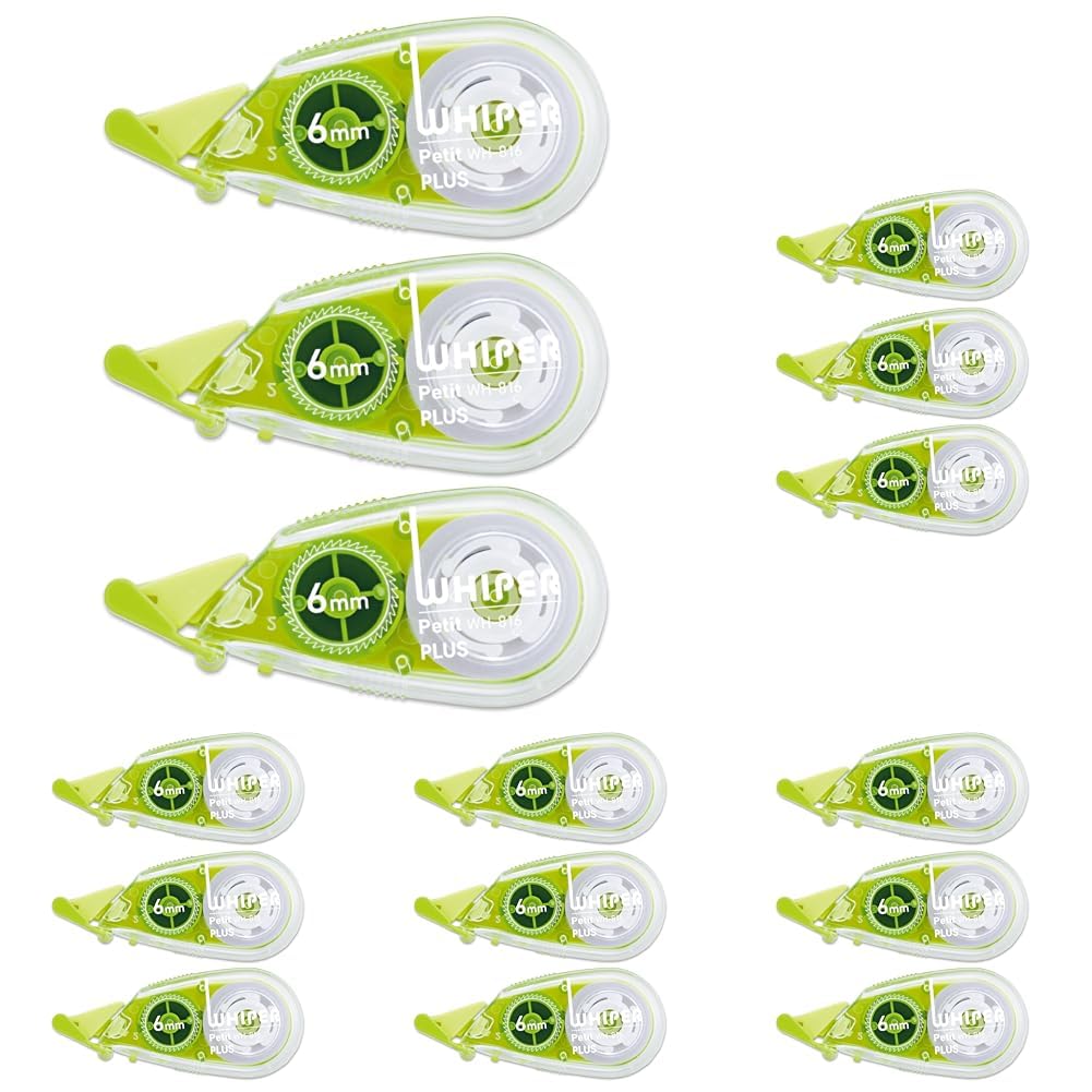 PLUS Whiper Petit Correction Tape 4, 5 or 6 mm x 6 m, Disposable with One-Touch Cap and Press-Fit Head, 58 x 15 x 26 mm Each, Blue, Green or Pink, Packs of 3 to 15