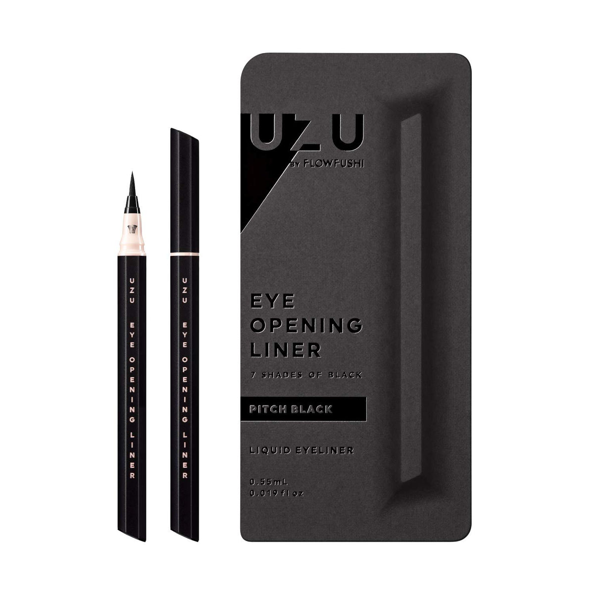 UZU BY FLOWFUSHI Eye Opening Liner Pitch Black, Hot-Water Removable Liquid Eyeliner, Low Irritation, 0.55 mL