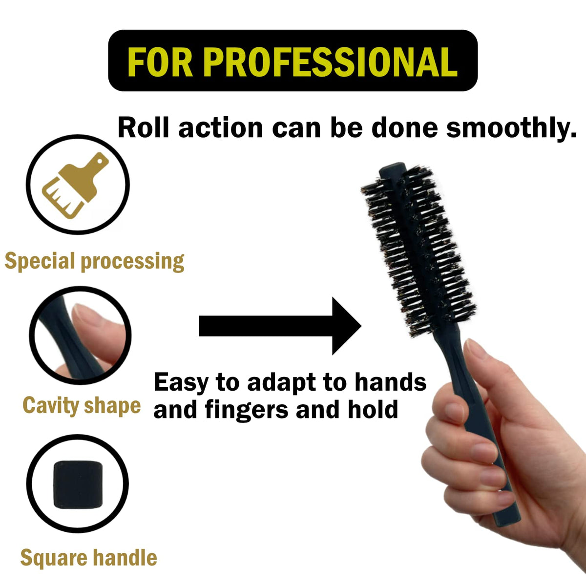 VESS Hair Styling Pro Roll Brush SPR-2200, 40 mm 100% Pig Hair Round Brush with Square Handle, Matte Black, Made in Japan