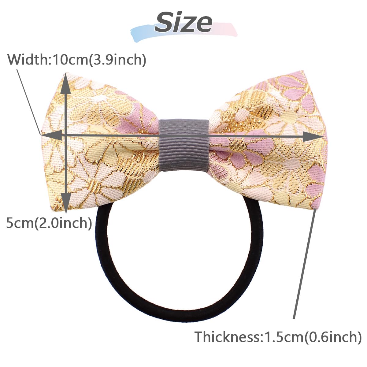 Nishijin-Ori Bow Hair Tie for Women, Made in Japan Kyoto Gold Brocade Floral Two-Tone Elastic Hair Band
