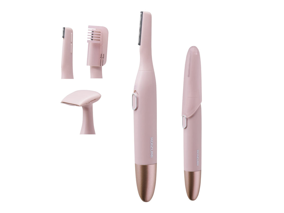 Koizumi Face and Body Shaver KLC-0750/P, Three-Way Battery Shaver with Face, Brow and Body Heads, Brow Comb for 2 and 4 mm and Cap, Pink