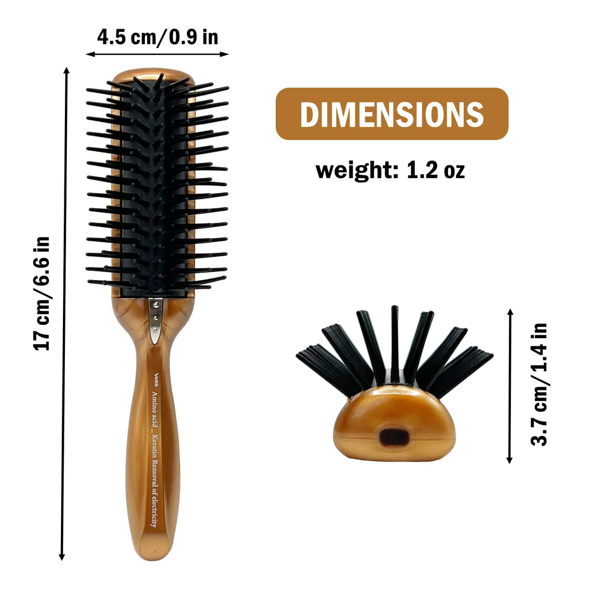 Anti-Static Round Blow-Dry Brush with Stainless-Steel Charged Fibers and a Grounding Wire, Small 17 cm or 2XL 22 cm, Gold-Brown Handle