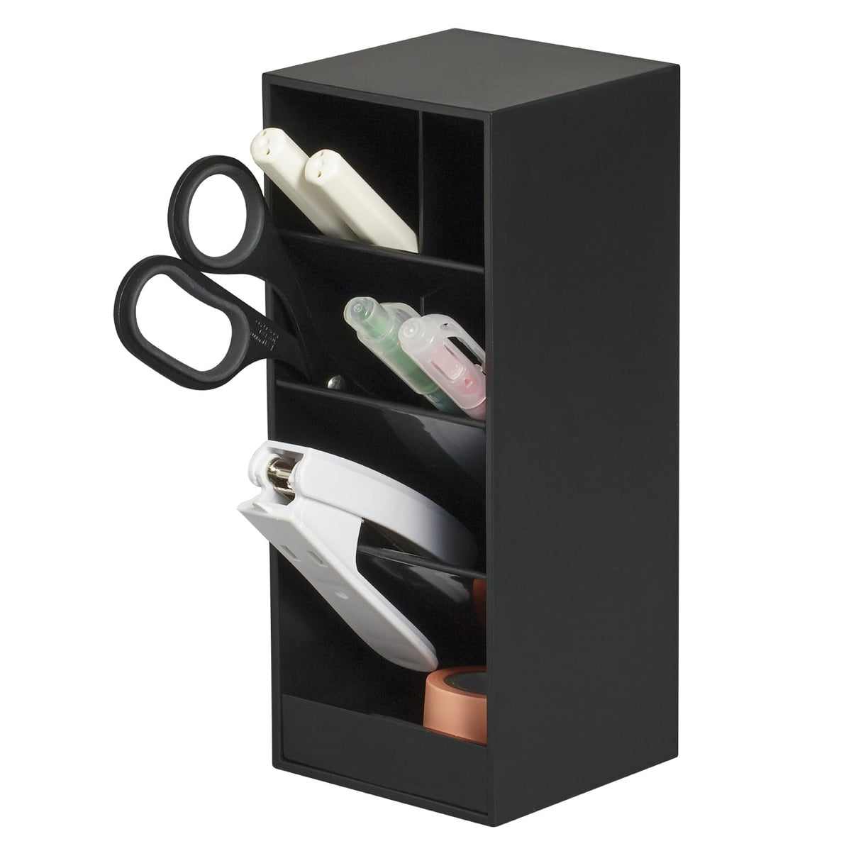 CARL Tool Stand TS-002 L, 7-Compartment ABS Desktop Pen Stand for Stationery and Cosmetics, Upright or Sideways, 87 x 85 x 210 mm and 410 g, Black or White