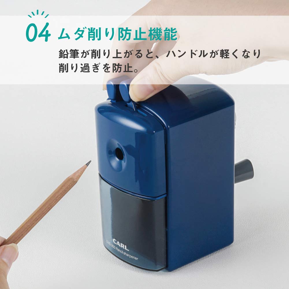 CARL Manual Desk Pencil Sharpener CMS-300 with Broken-Lead Release Button, Hand-Crank Sharpener for 8 mm Pencils, 70 x 137 x 140 mm and 275 g, Blue, Red or White