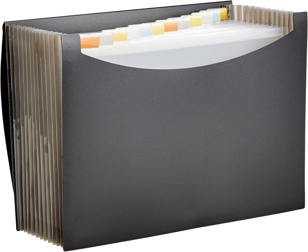 Amazon Basics Expanding Poly File Folder A4, 13 Tabbed Pockets Holding up to 260 Sheets, Cord Closure, Waterproof and Tear-Resistant, 33 x 23.4 x 4.1 cm, Black or Black and Gray