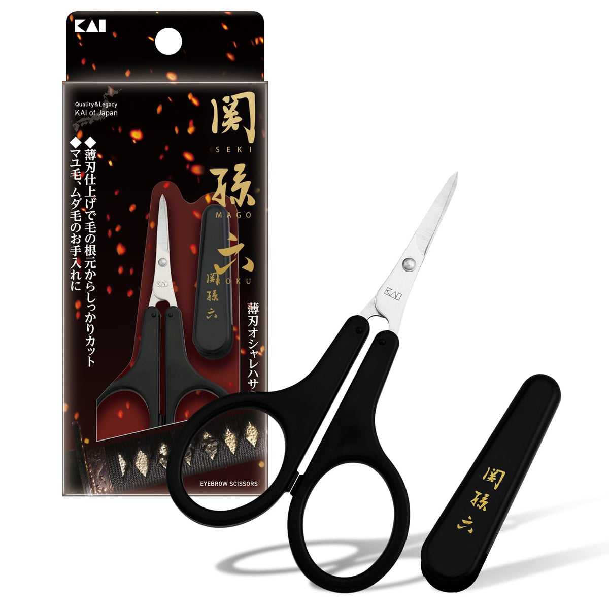 KAI Seki Magoroku Thin-Blade Eyebrow Scissors HC3540 with Cap, Slim Curved Blade for Brows and Fine Hair, Made in Japan