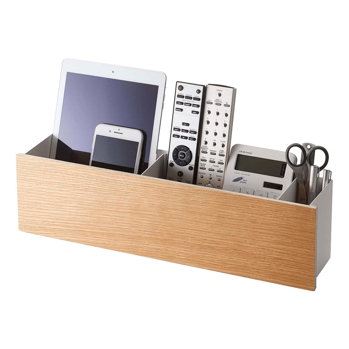Yamazaki Rin Pen and Remote Control Rack, Wood-Fronted Steel Organizer with Three Compartments, 25 x 7 x 10.2 cm and 500 g, Brown or Natural