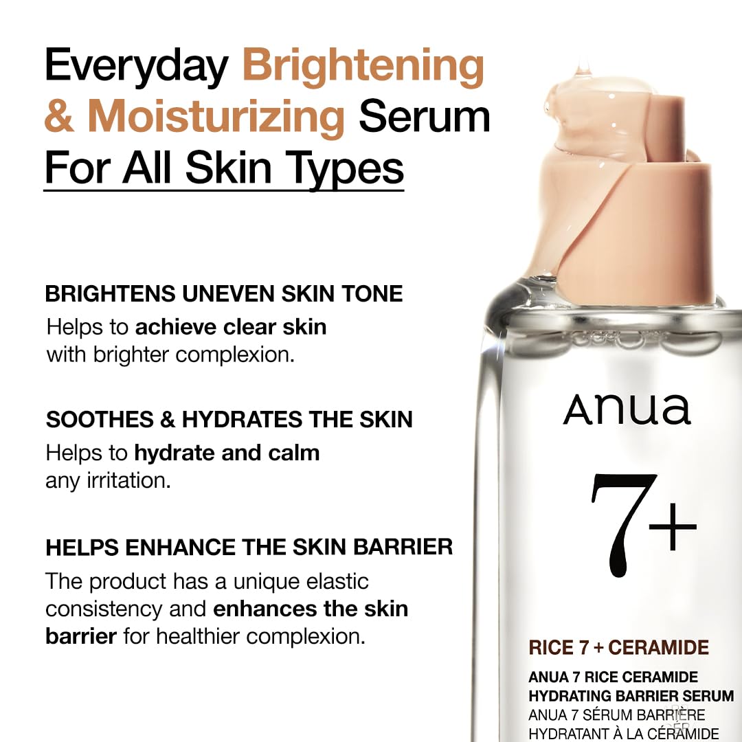 Anua 7 Rice Ceramide Hydrating Barrier Serum, Fragrance-Free Brightening and Moisturising Serum with Niacinamide, 50 mL