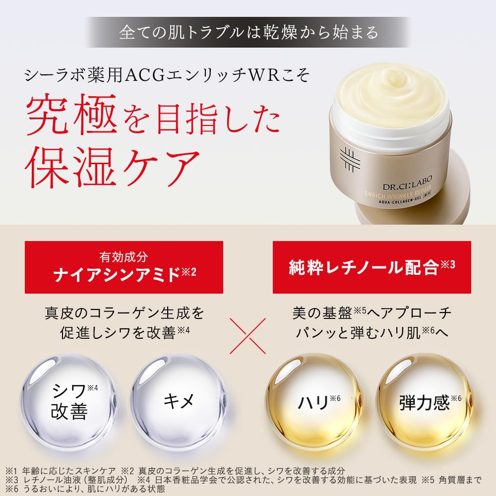 Dr.Ci:Labo Medicated Aqua-Collagen Gel Enrich Wrinkle Repair, Quasi-Drug Wrinkle-Improving Gel with Retinol and Niacinamide, 50 g Jar