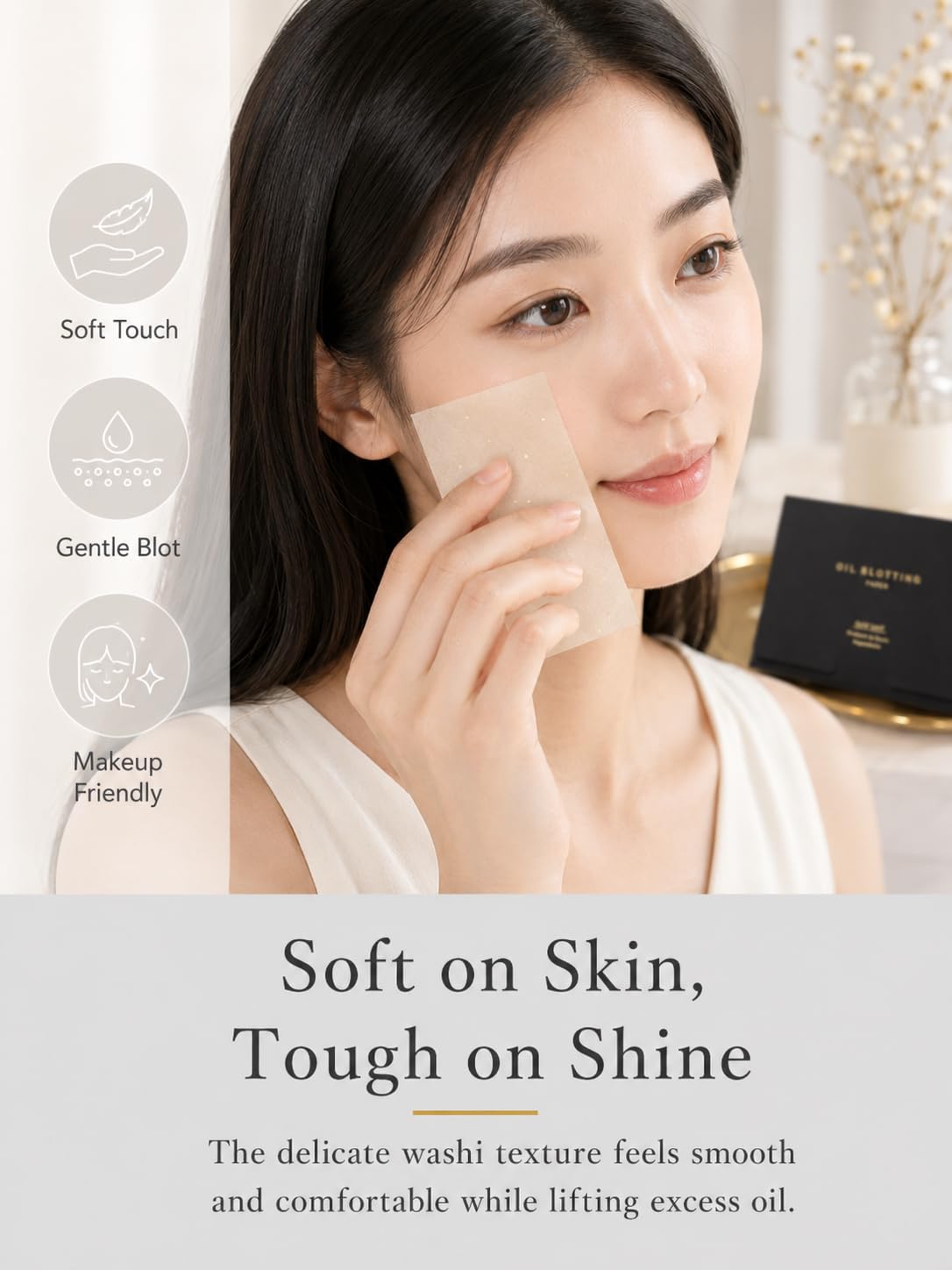 Gold Leaf Style Japanese Oil Blotting Paper, 100 Sheets in a Black and Gold Box, Mino Washi, Made in Japan