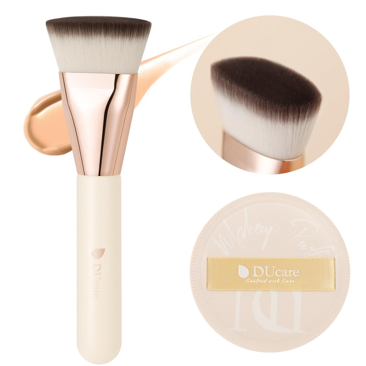 DUcare Flat Foundation Brush and Cushion Make-Up Puff Set DS012, Thumb-Shaped Brush with Soft Fibre Bristles and 65 mm Puff