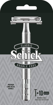 Schick Classic Double Edge Safety Razor with Solid Metal Holder and 10 Triple-Coated Stainless Double-Edge Blades, Butterfly Type, Silver