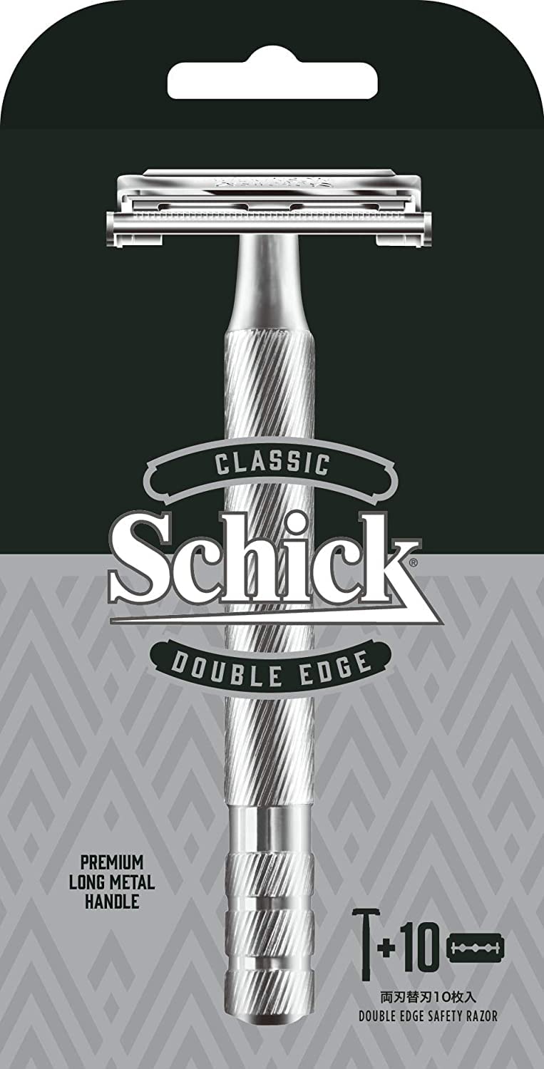 Schick Classic Double Edge Safety Razor with Solid Metal Holder and 10 Triple-Coated Stainless Double-Edge Blades, Butterfly Type, Silver